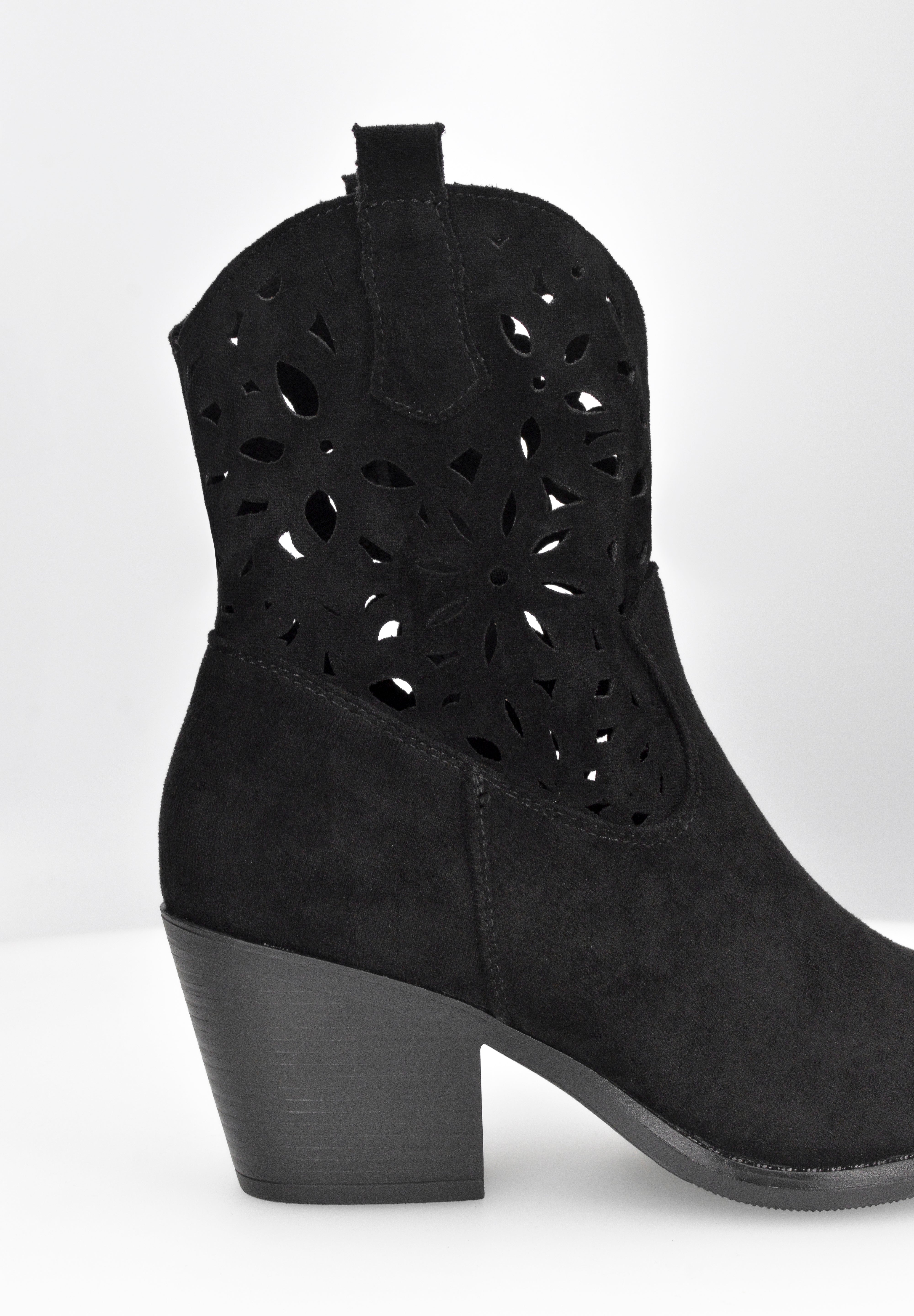 EMA - stivaletti texani neri traforati con tacco a blocco