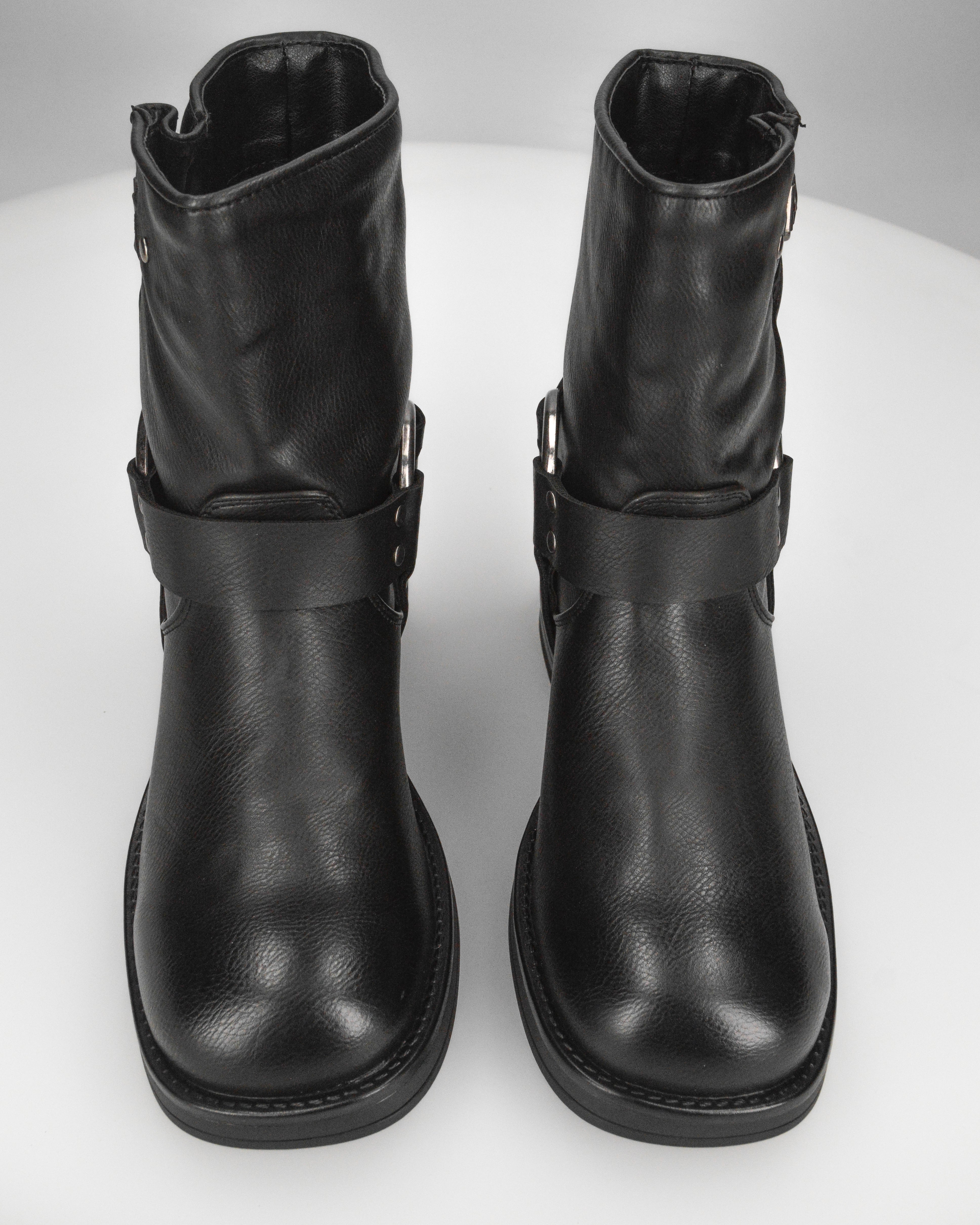 MELISSA - stivaletti biker neri in ecopelle con fascie borchiate e anelli metallici