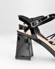 BIANKA - Sandali neri in vernice con listini glitter e tacco largo