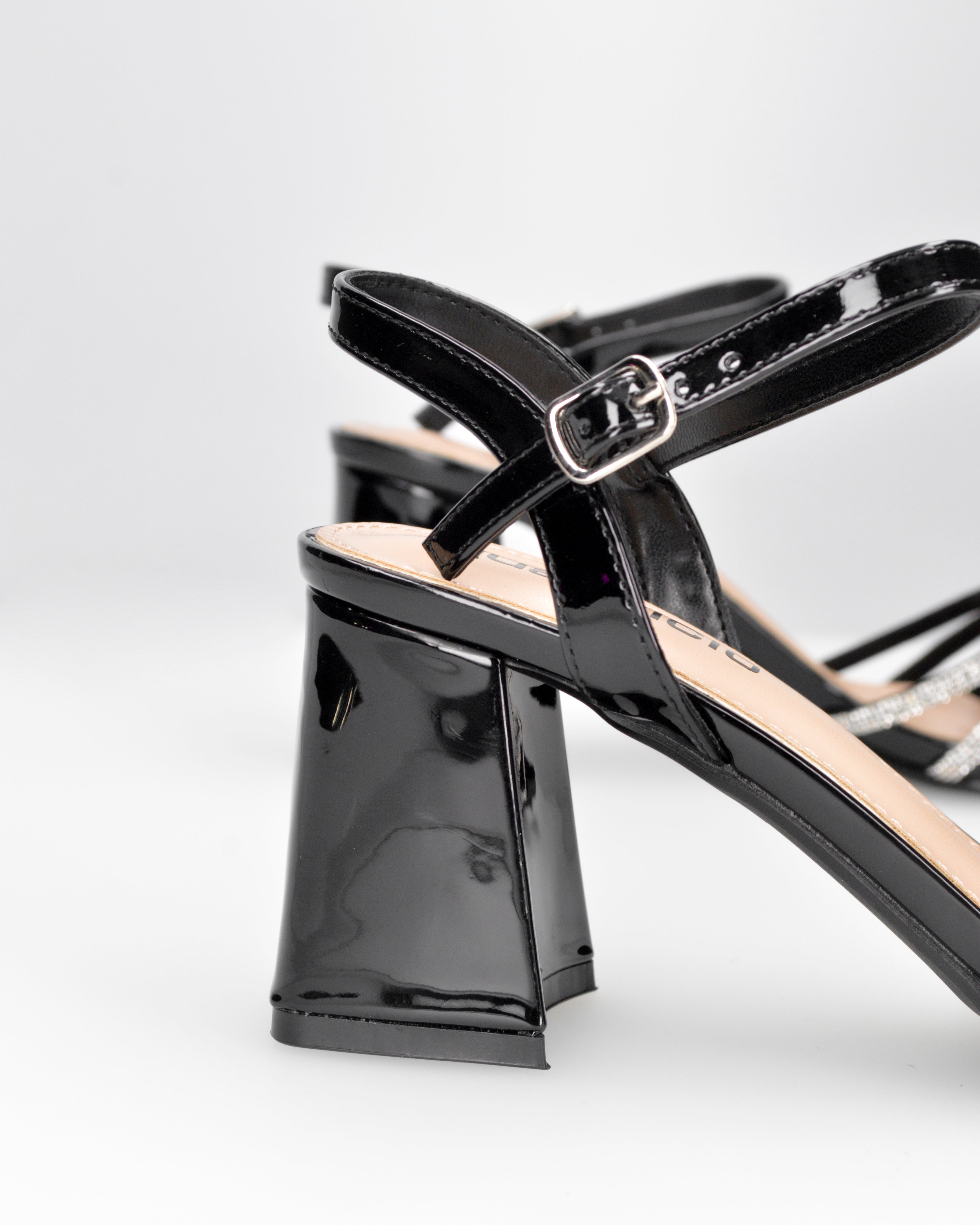 BIANKA - Sandali neri in vernice con listini glitter e tacco largo