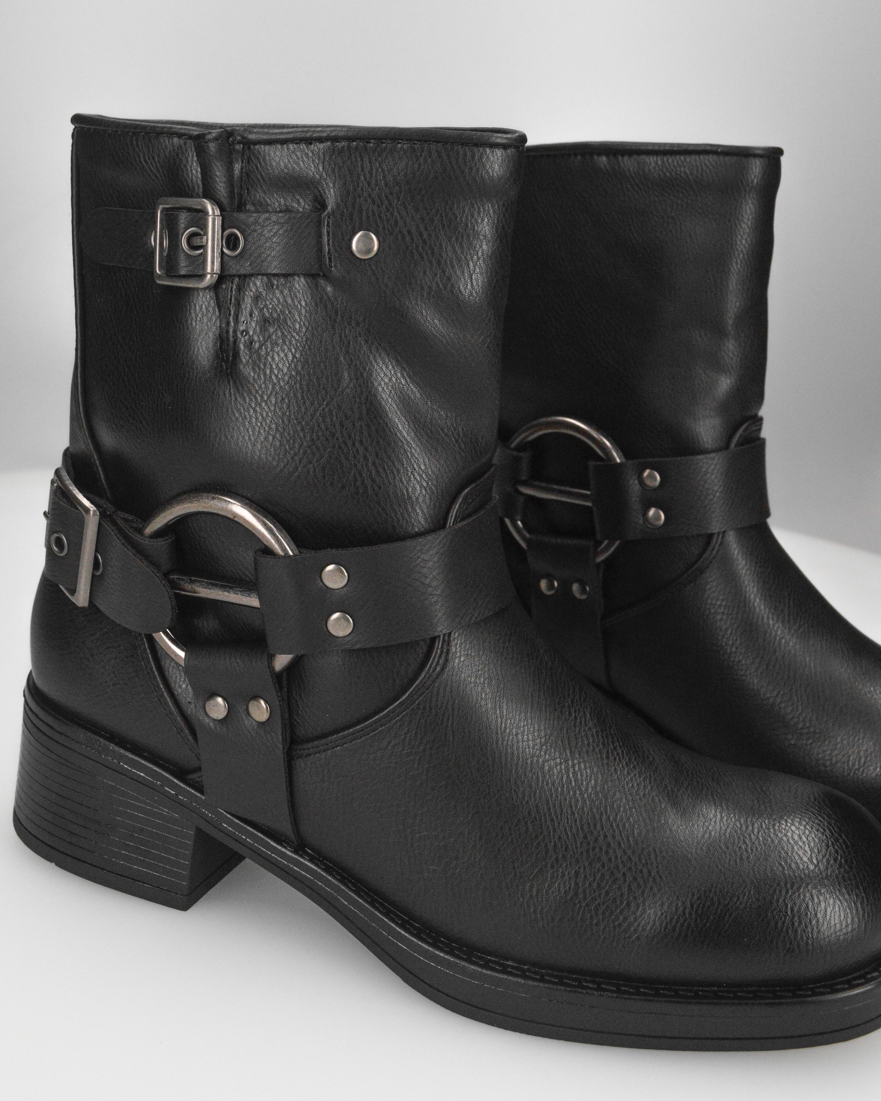 MELISSA - stivaletti biker neri in ecopelle con fascie borchiate e anelli metallici
