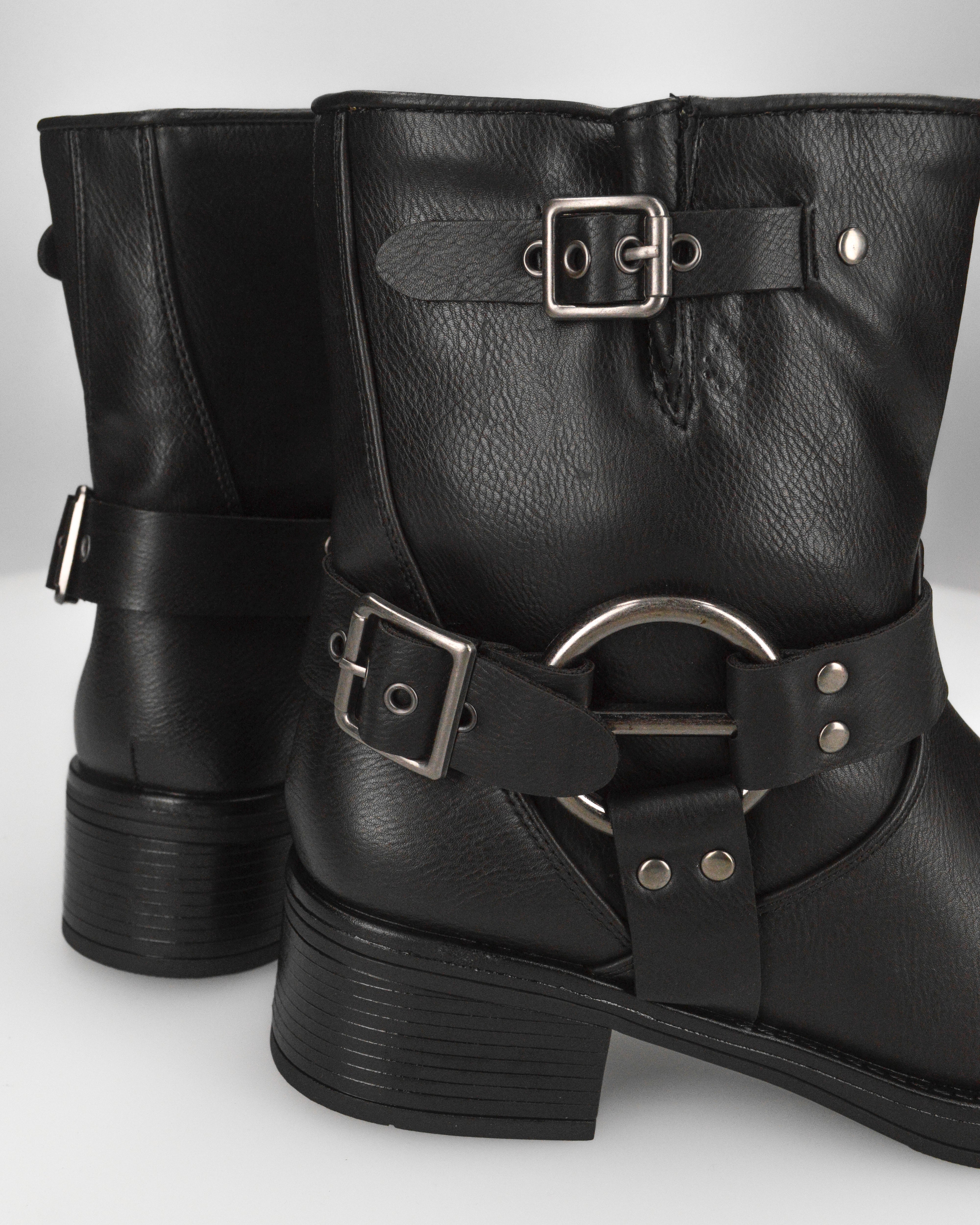 MELISSA - stivaletti biker neri in ecopelle con fascie borchiate e anelli metallici