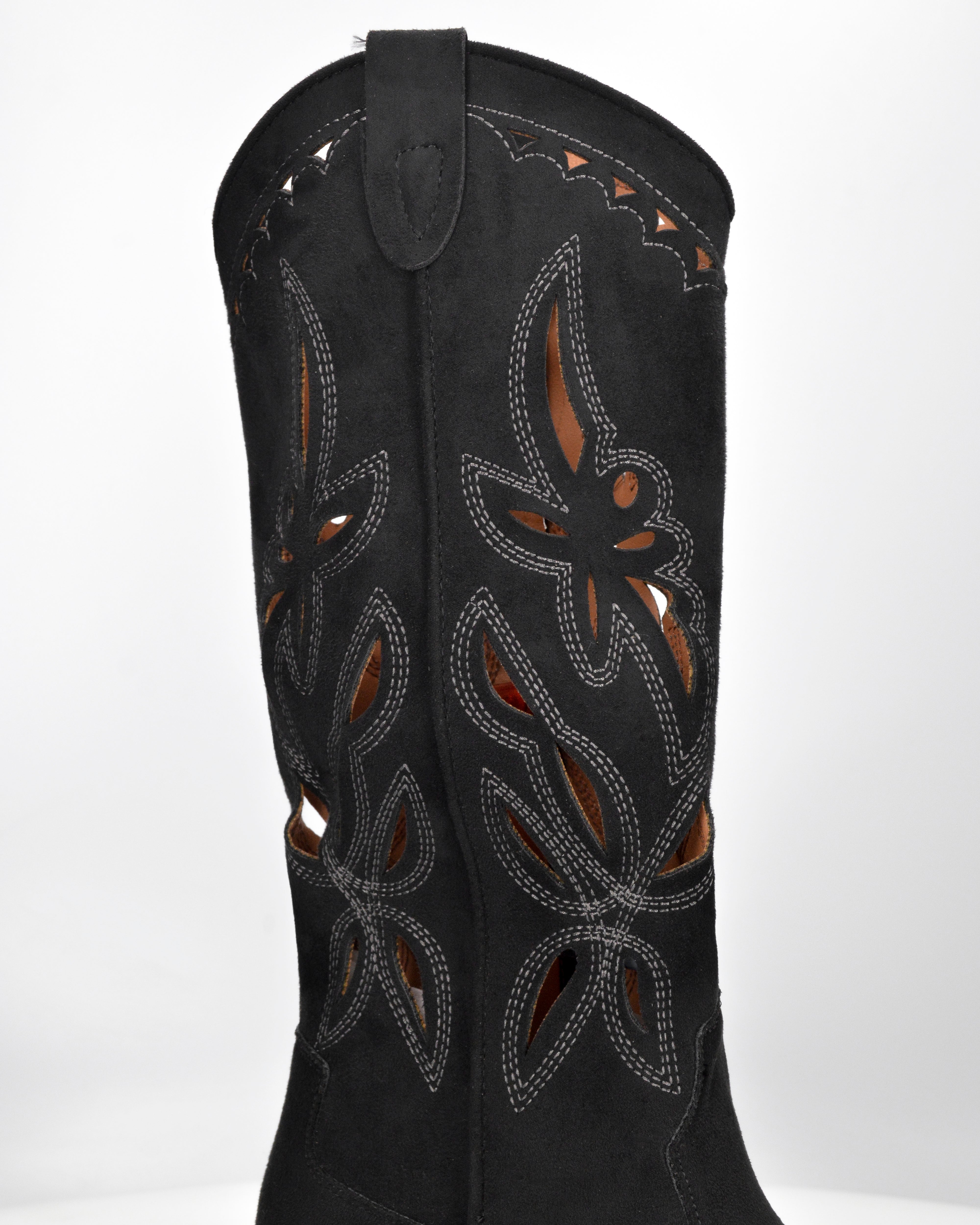 RISA - stivali texani alti neri in simil camoscio con ricami e lavorazione traforata