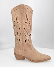RISA - stivali texani alti beige in simil camoscio con ricami e lavorazione traforata