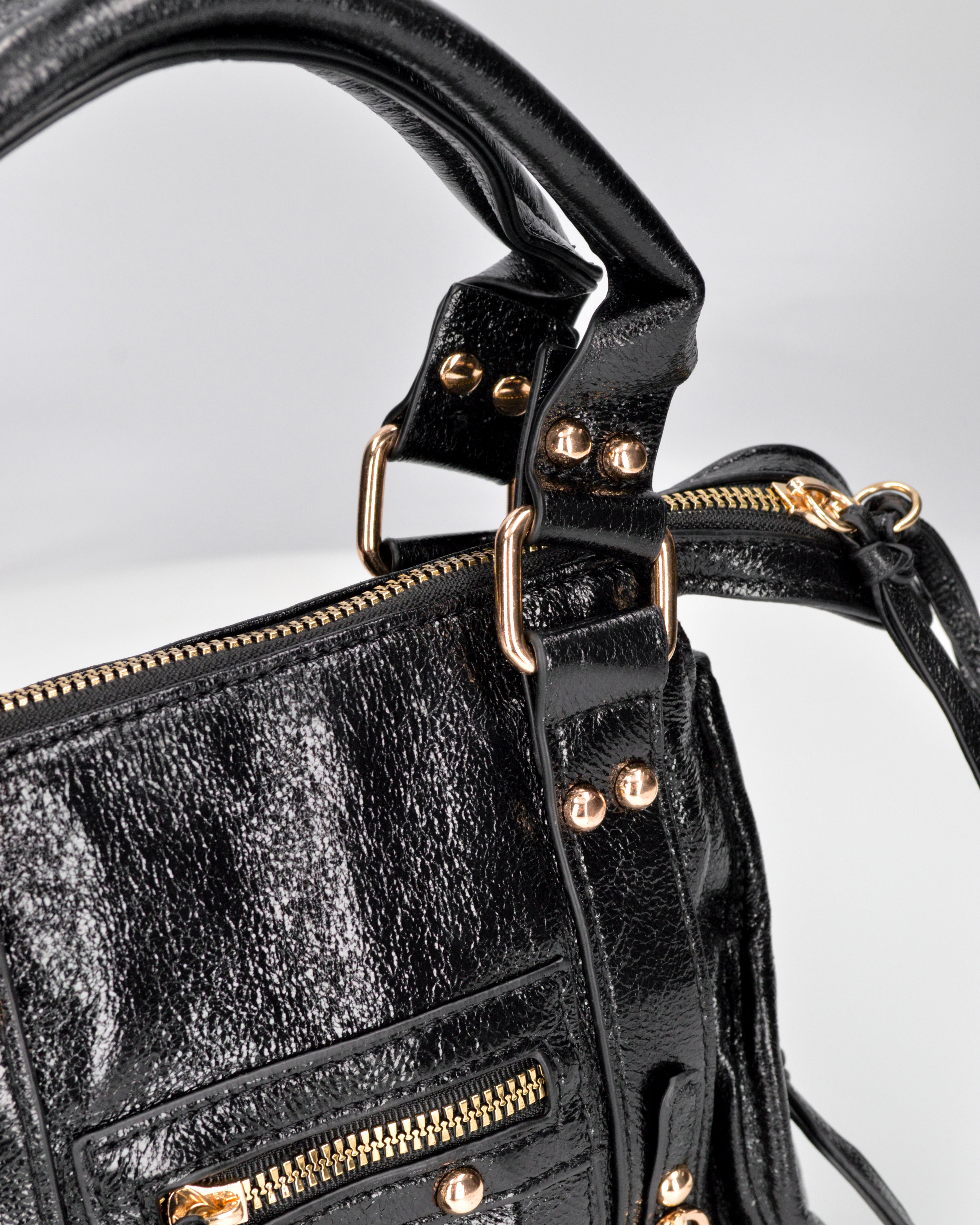 SKYLAR - borsetta a mano nera con chiusura zip e frangette