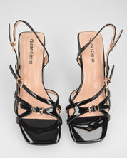 HILDE - Sandalo tacco nero con listini e fibbie dorate