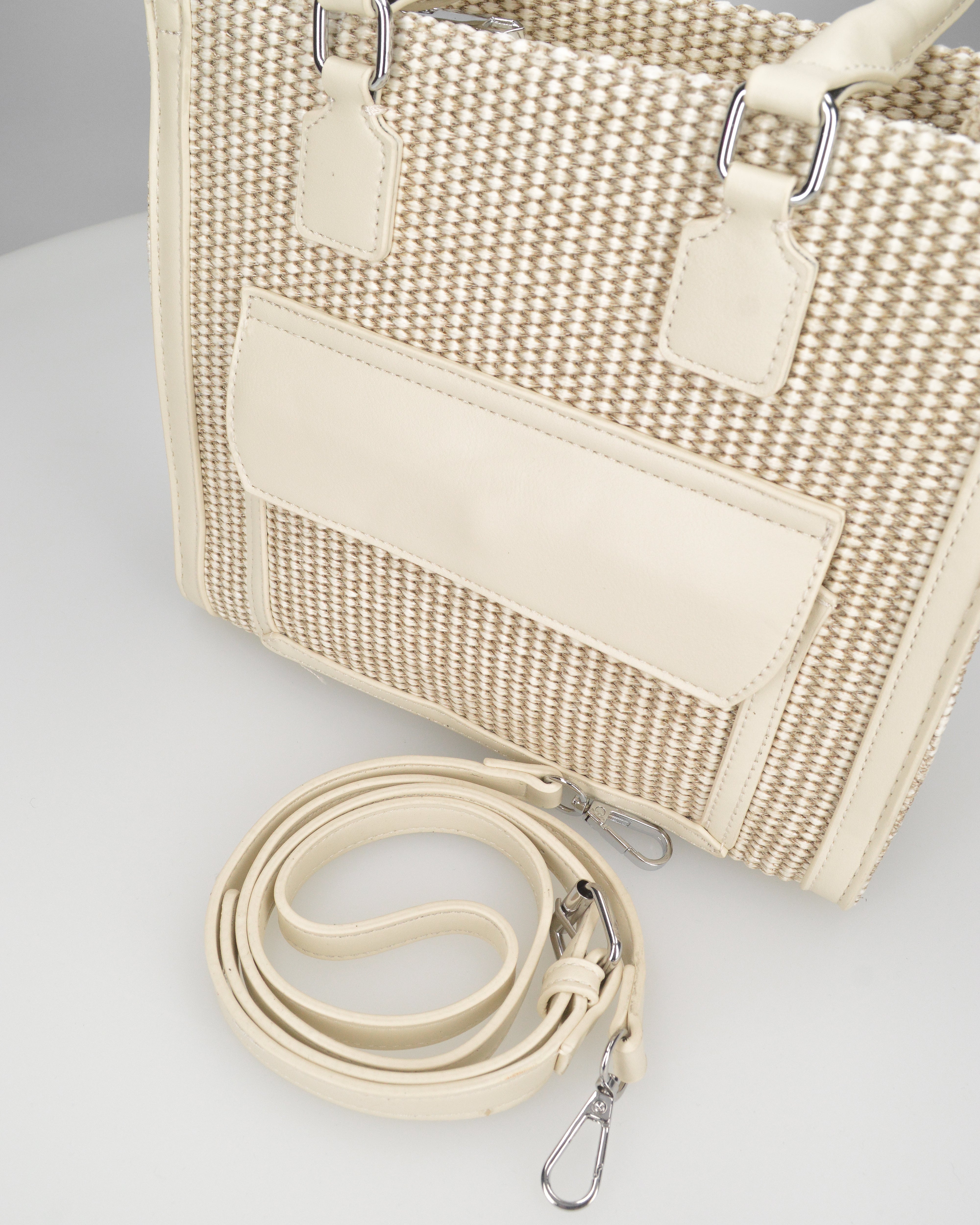 JADE - borsa a mano beige chiaro con effetto rafia intrecciata