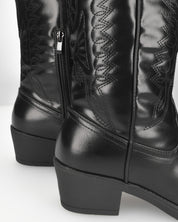 BONNIE - stivaletti camperos in nero lucido con ricami decorativi