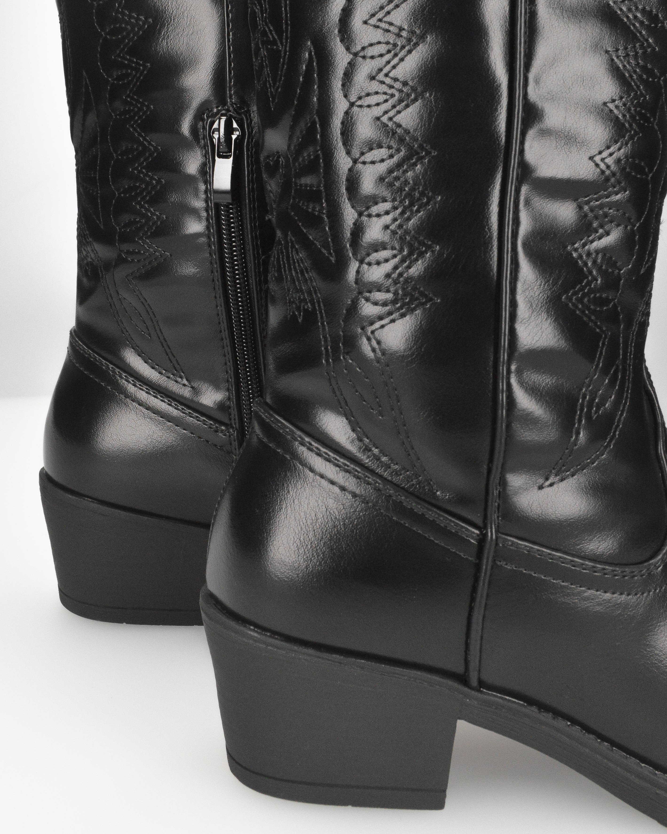 BONNIE - stivaletti camperos in nero lucido con ricami decorativi