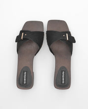 PAMELA - sandali in con suola in simil legno marrone con fascia nera