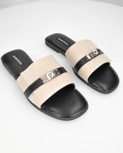 KAJY - ciabattine nere con fascia beige in tessuto rigido