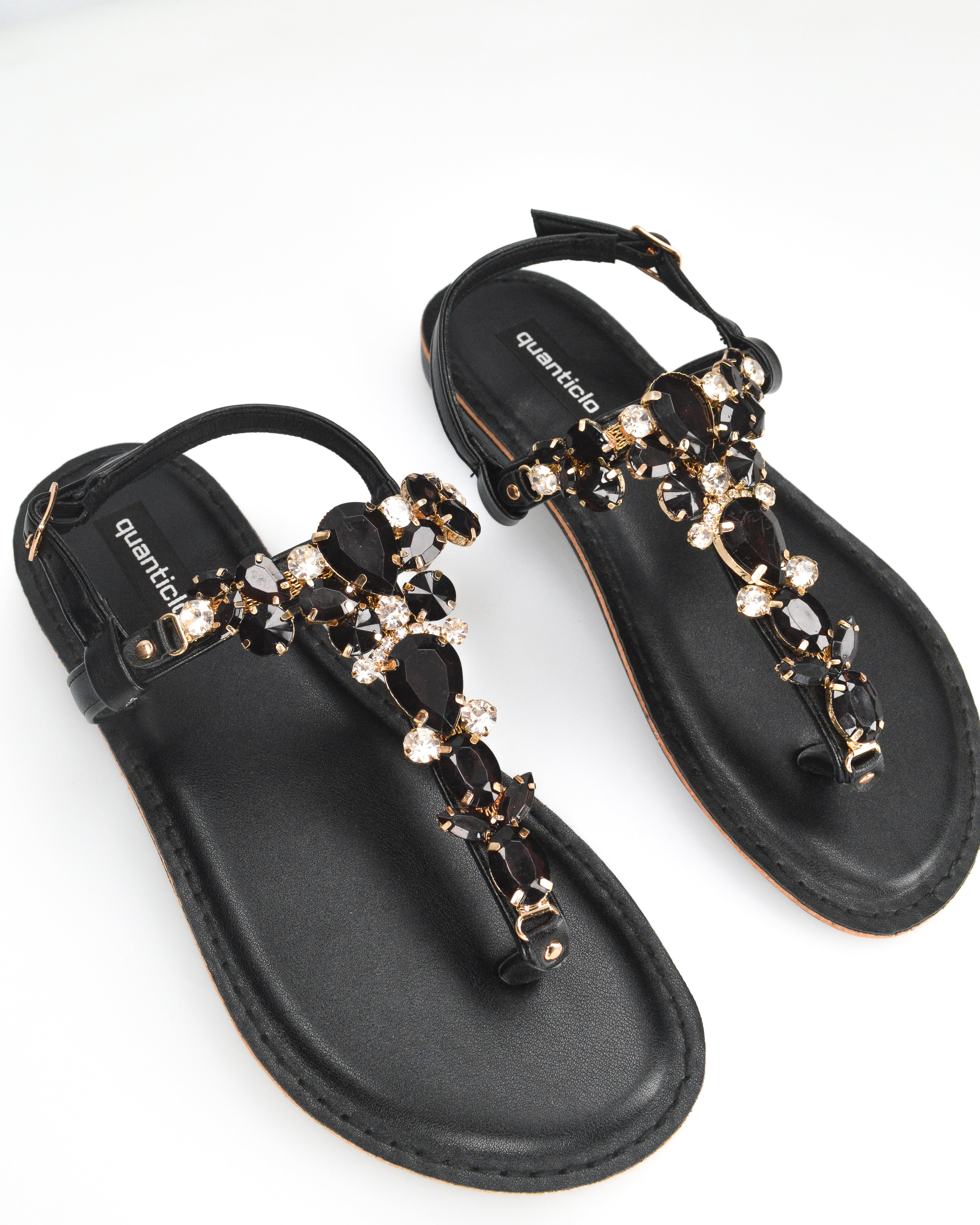 SVEVA - sandali flat neri infradito con gemme decorative