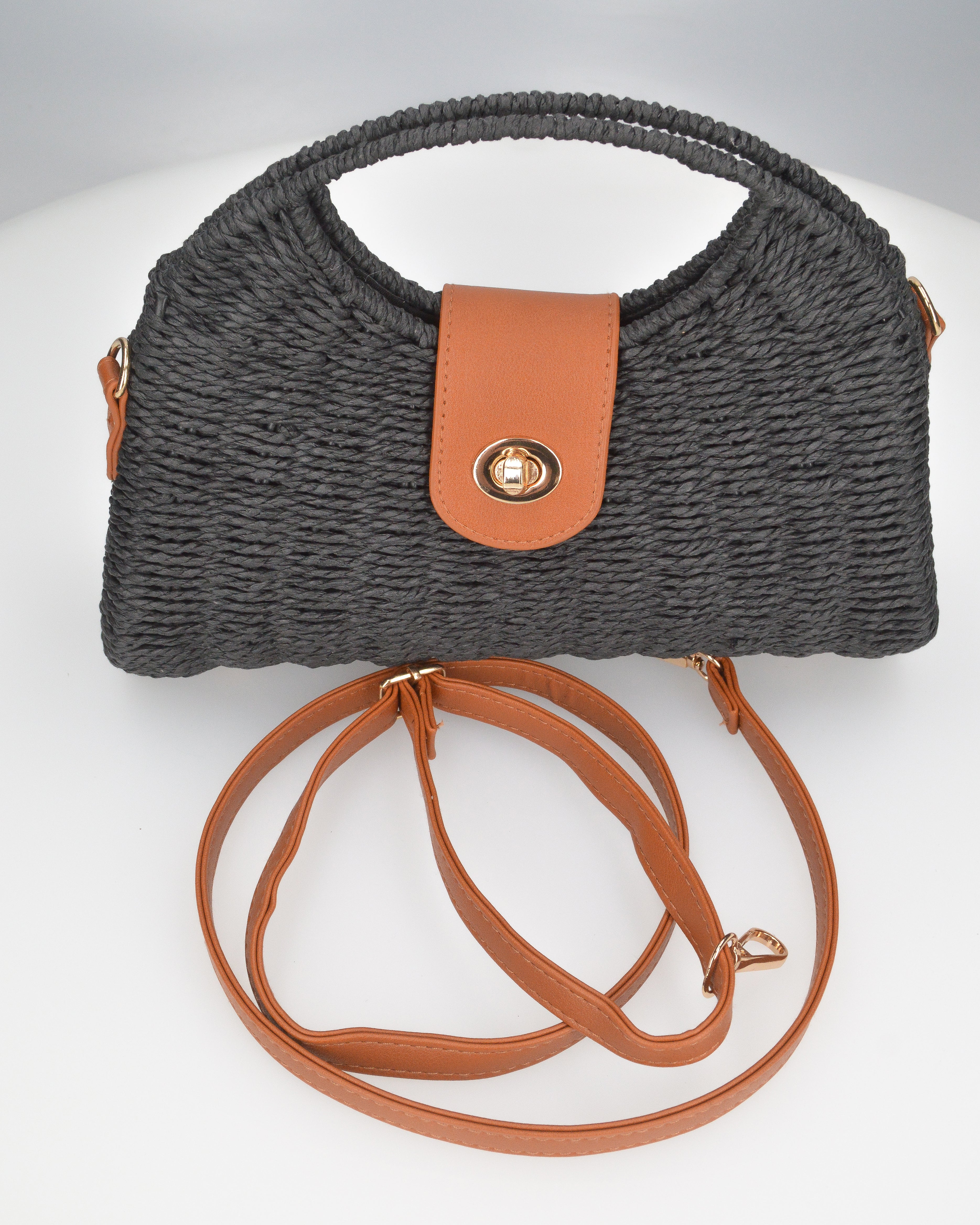 YESSA - borsa nera in materiale intrecciato con tracolla intrecciata