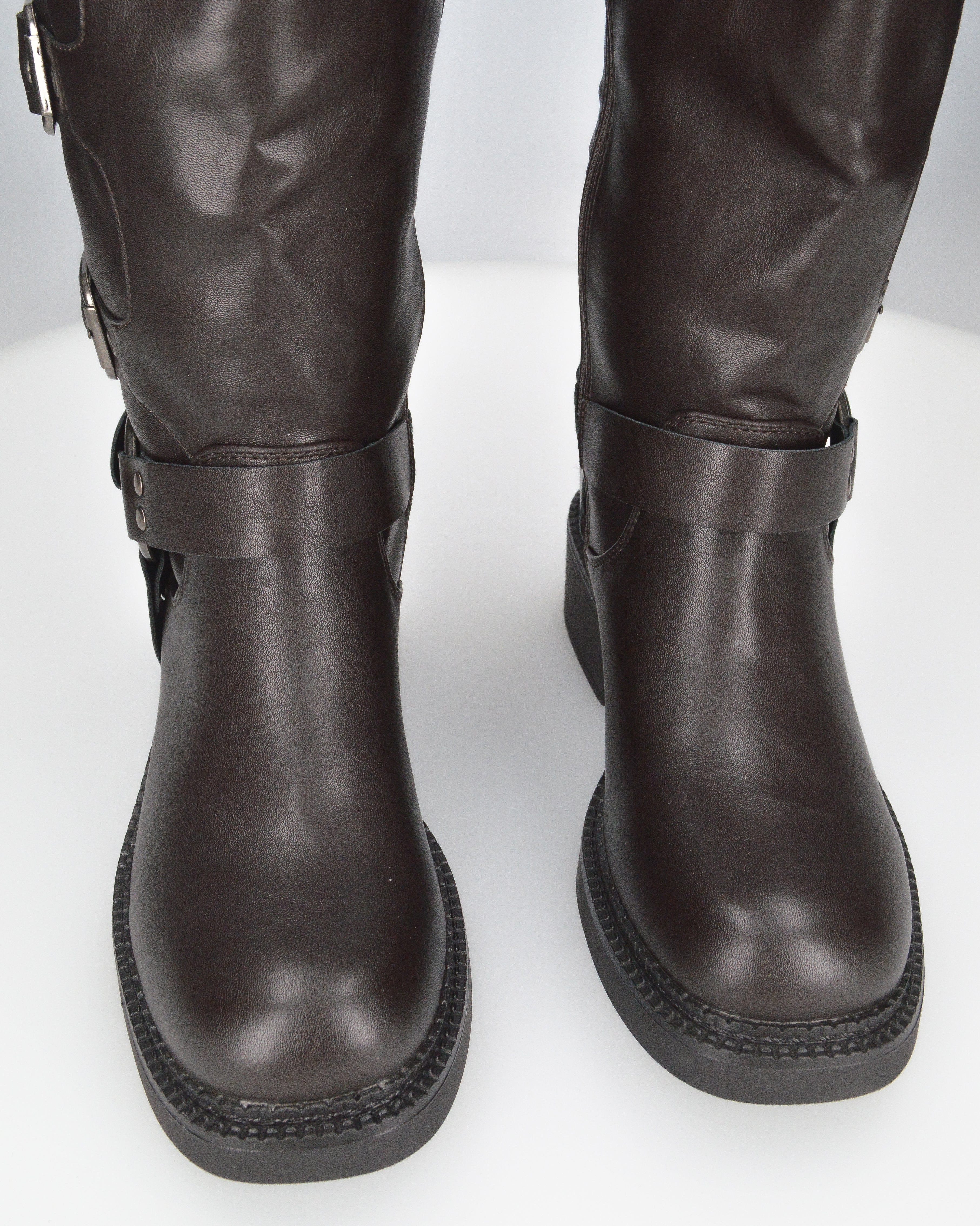 KIRA - stivali alti marrone scuro con cinturini e dettagli metallici