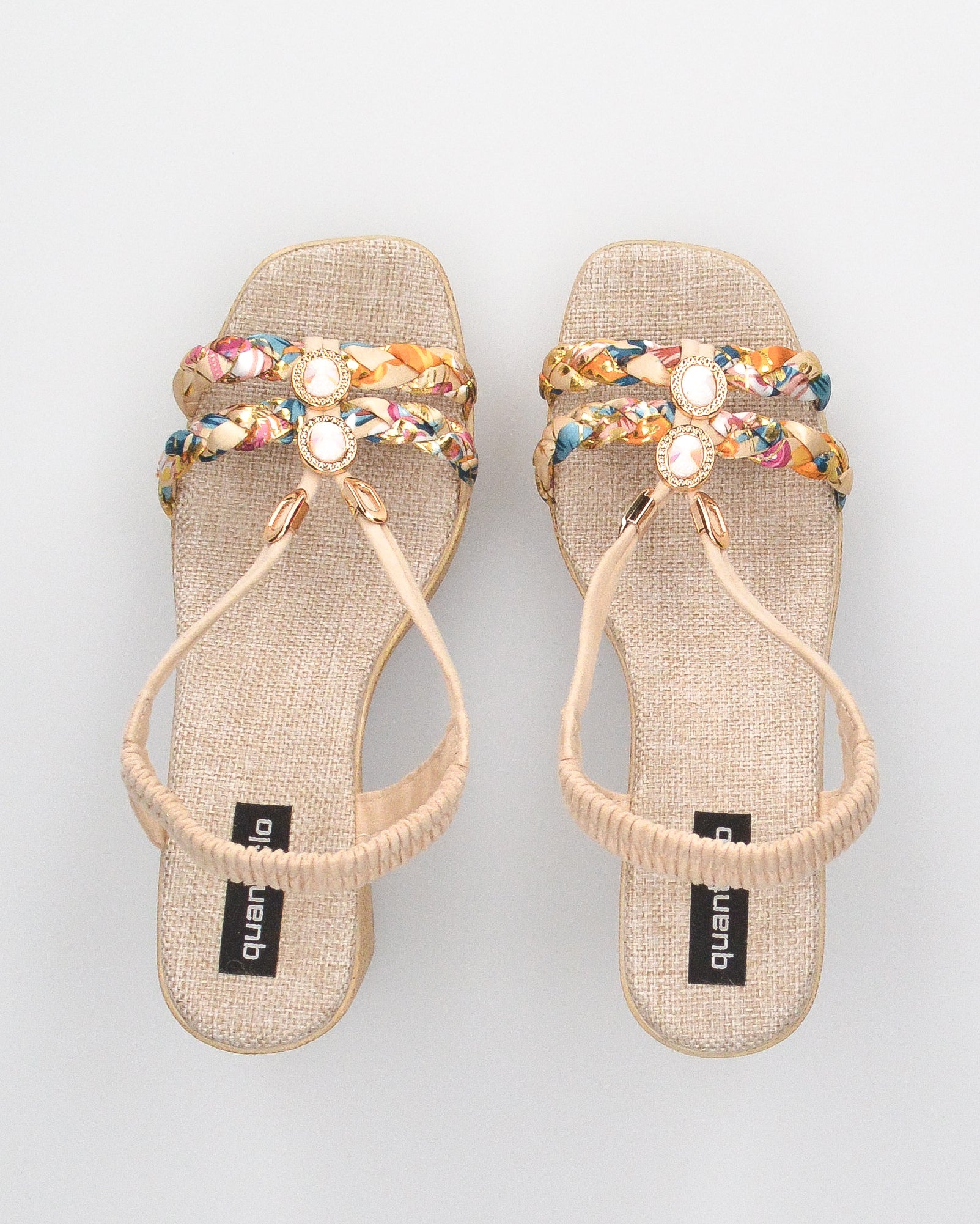 NOEMI - sandali beige con listini in treccia multicolore e platform in simil paglia