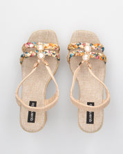 NOEMI - sandali beige con listini in treccia multicolore e platform in simil paglia