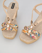 NOEMI - sandali beige con listini in treccia multicolore e platform in simil paglia