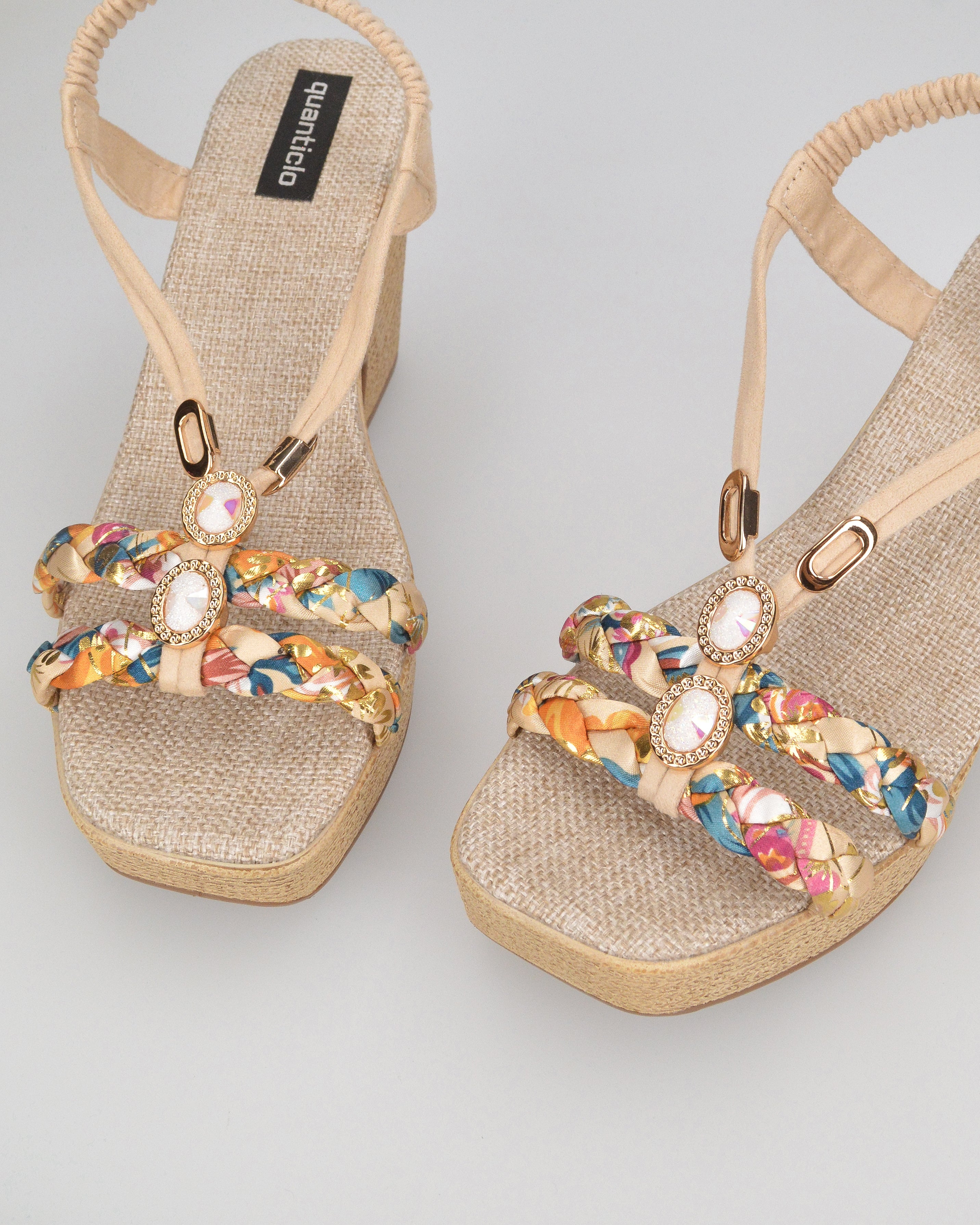 NOEMI - sandali beige con listini in treccia multicolore e platform in simil paglia