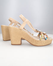 NOEMI - sandali beige con listini in treccia multicolore e platform in simil paglia