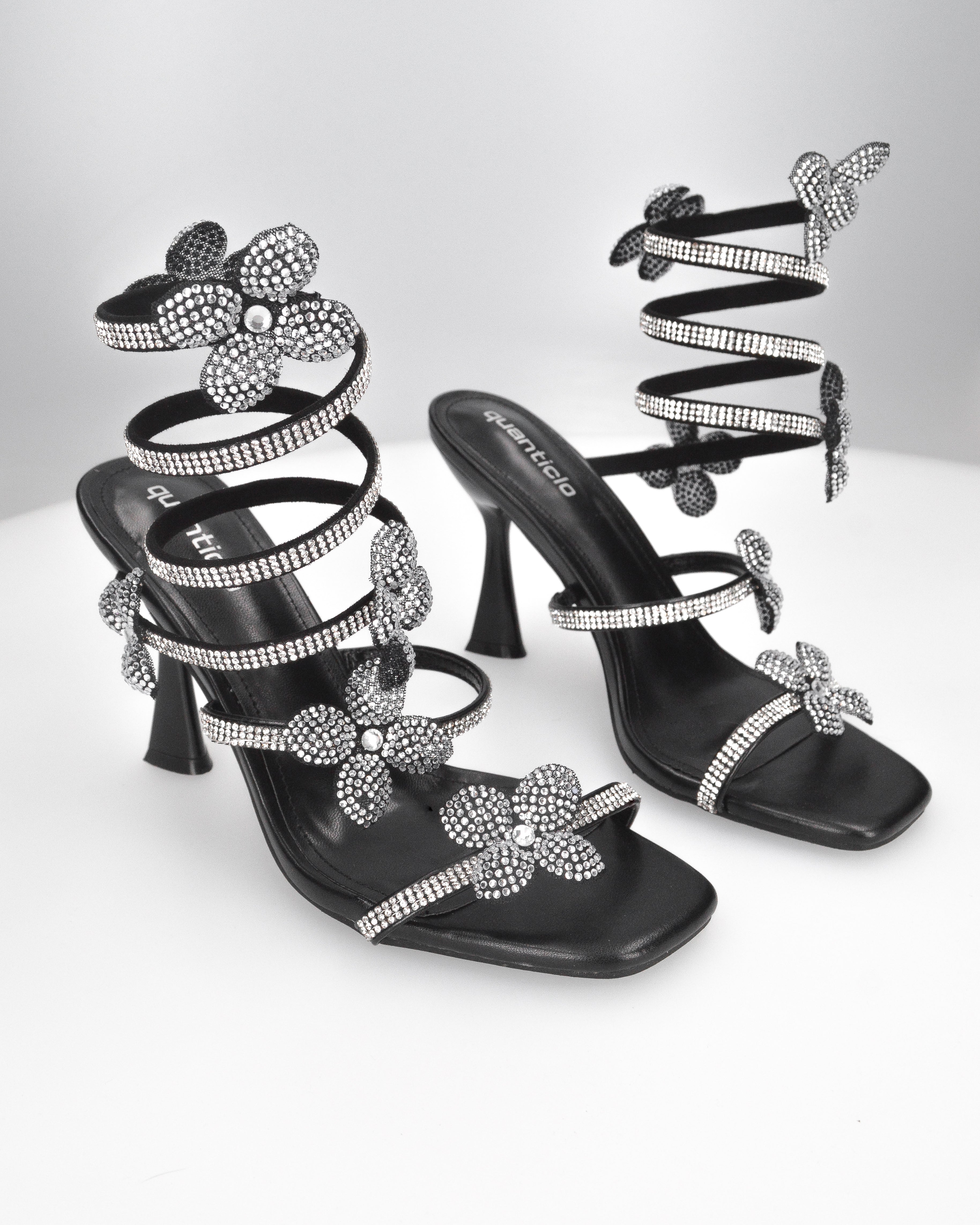 FABIOLA - sandali neri a spirale con fiori glitter