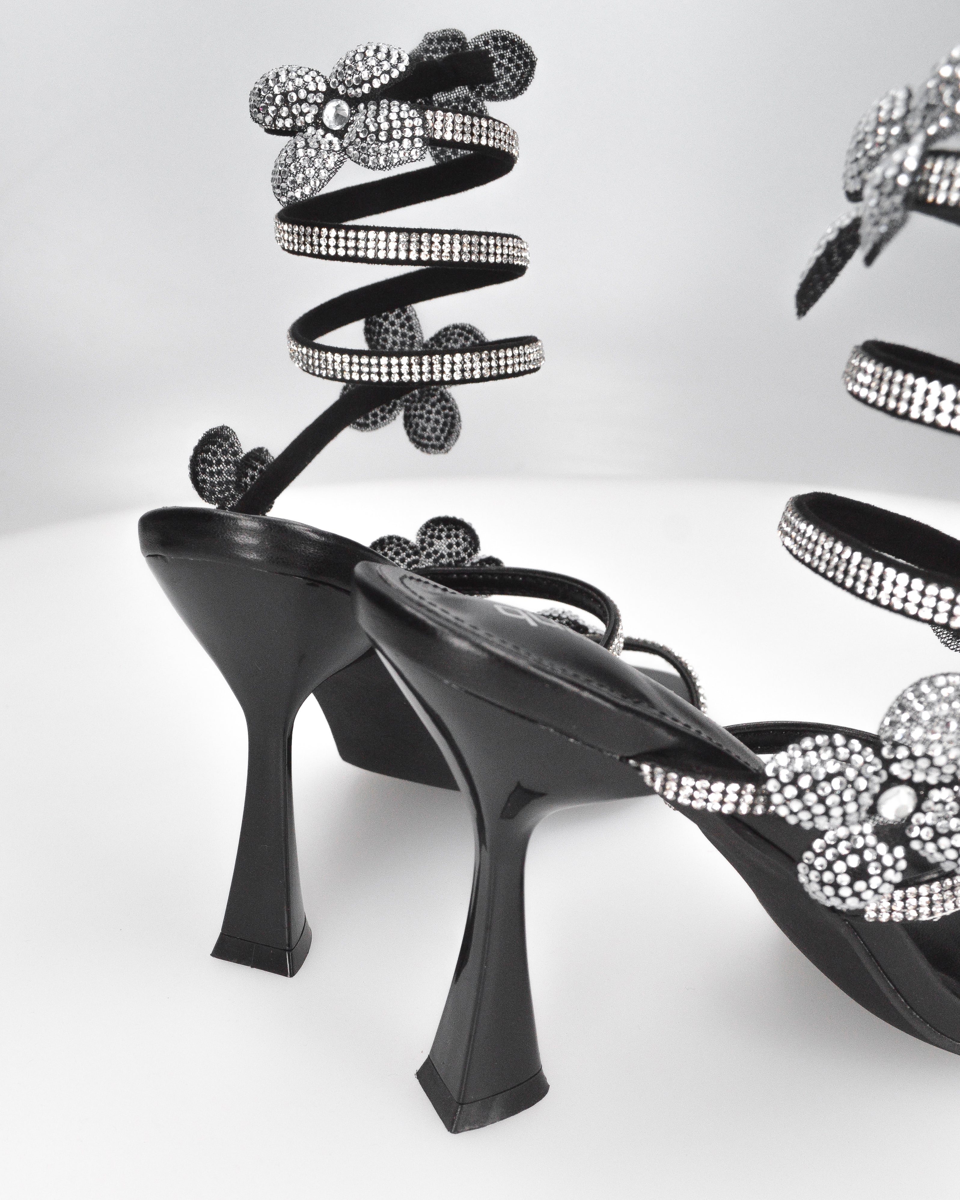 FABIOLA - sandali neri a spirale con fiori glitter