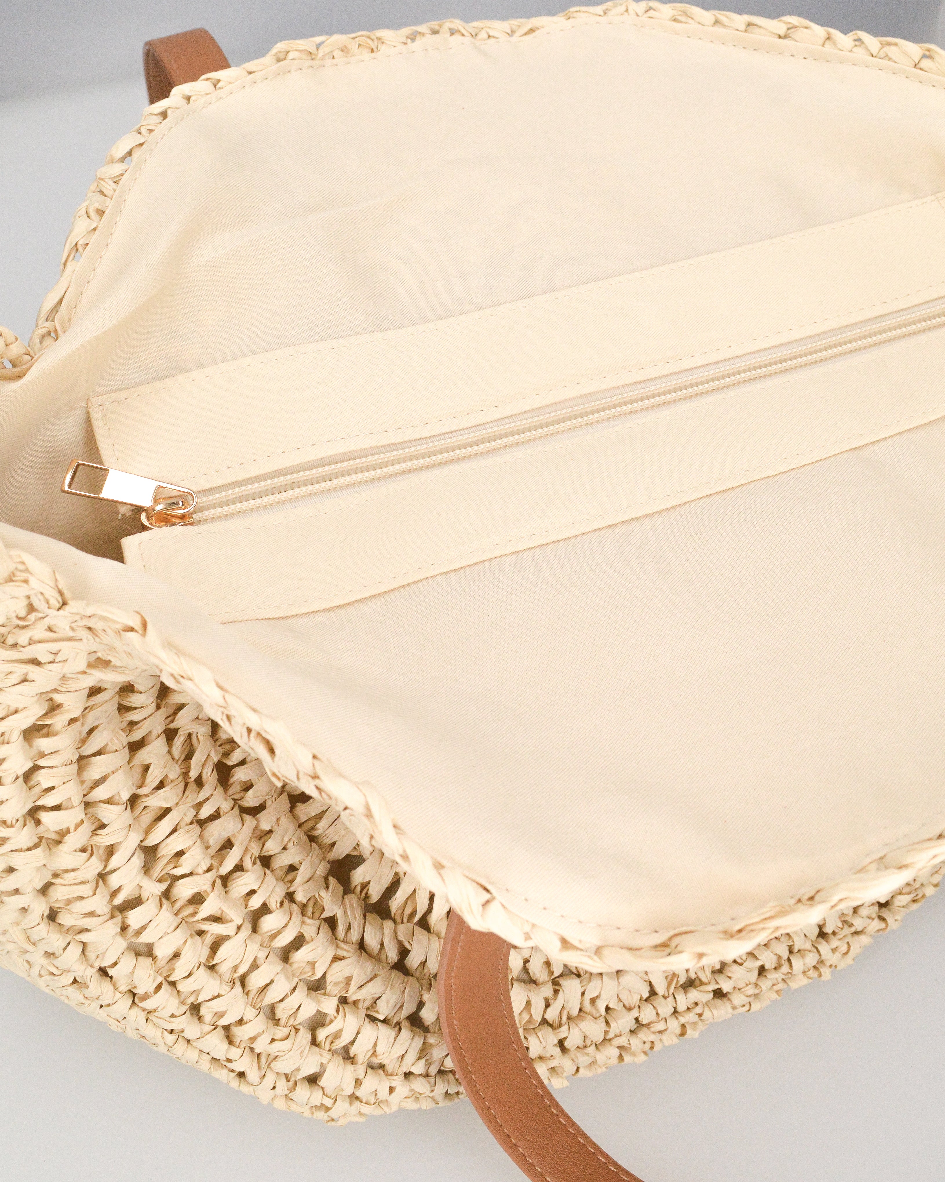 JANINE - borsa tote grande in paglia intrecciata con manici cuoio e zip interna