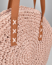 JANINE - borsa tote grande rosa in paglia intrecciata con manici cuoio e zip interna