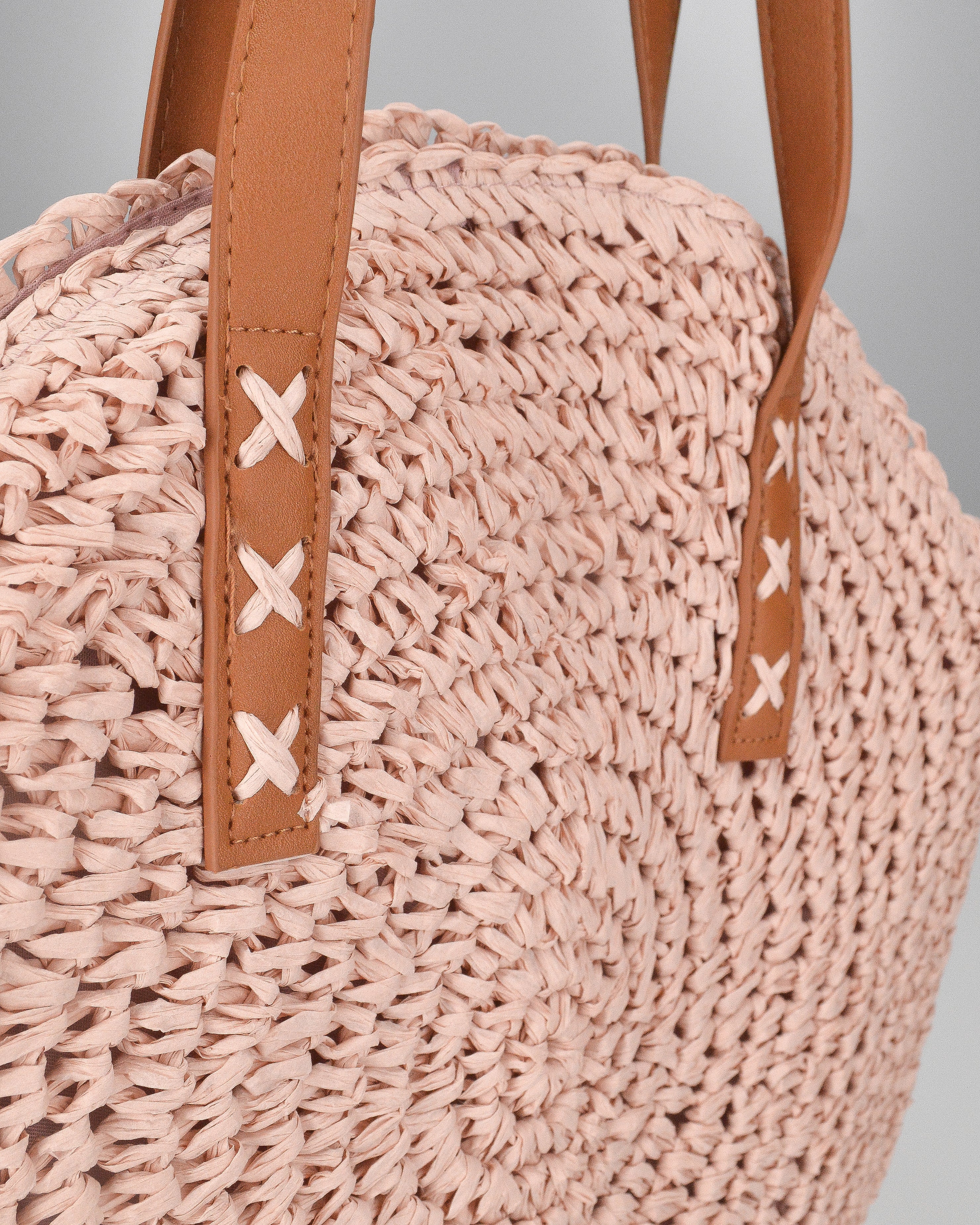 JANINE - borsa tote grande rosa in paglia intrecciata con manici cuoio e zip interna