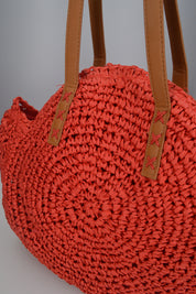 JANINE - borsa tote grande rossa in paglia intrecciata con manici cuoio e zip interna