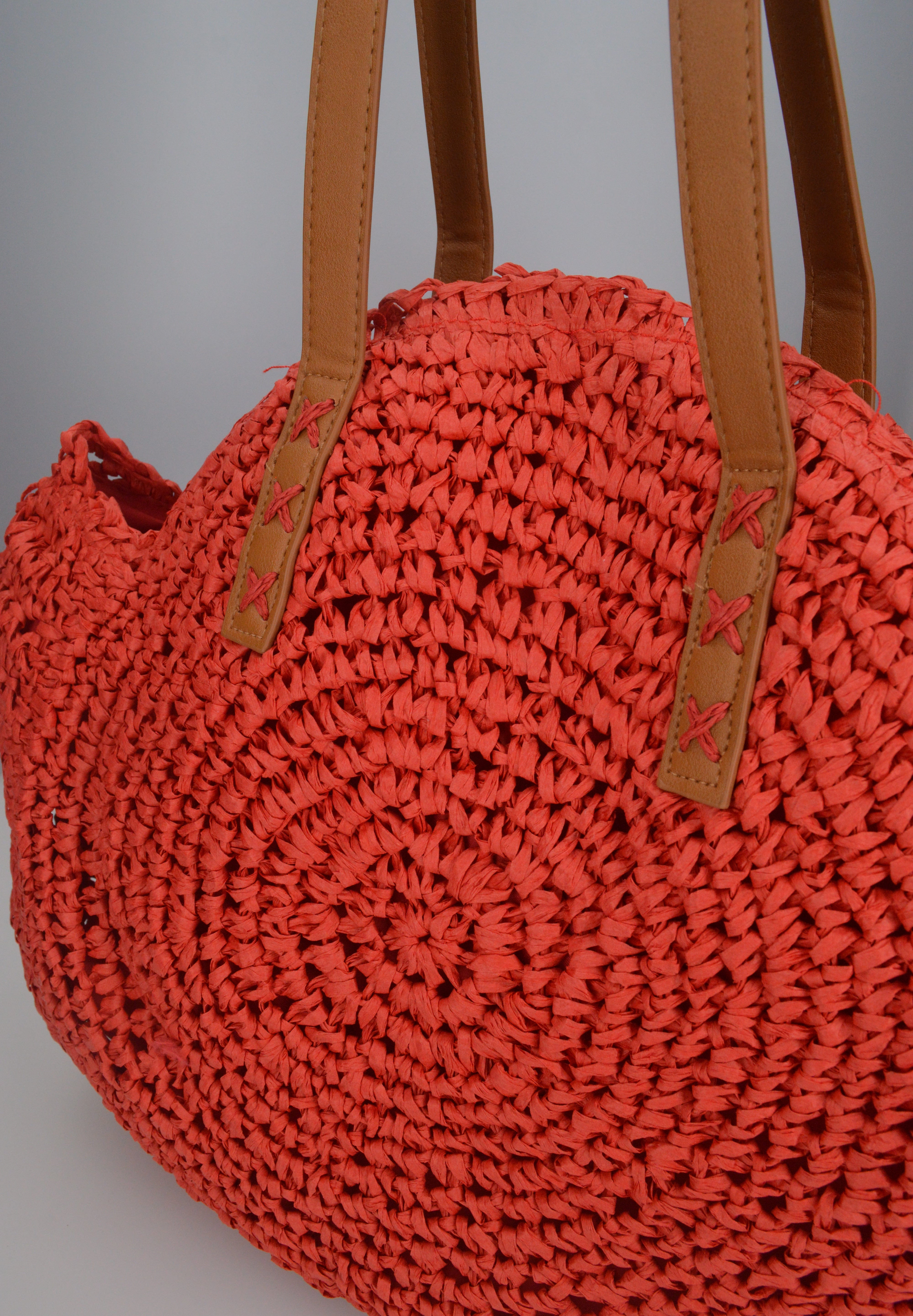 JANINE - borsa tote grande rossa in paglia intrecciata con manici cuoio e zip interna