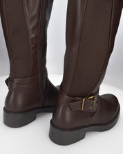 JOCASTA - stivale alto marrone con inserto elastico e fibbie