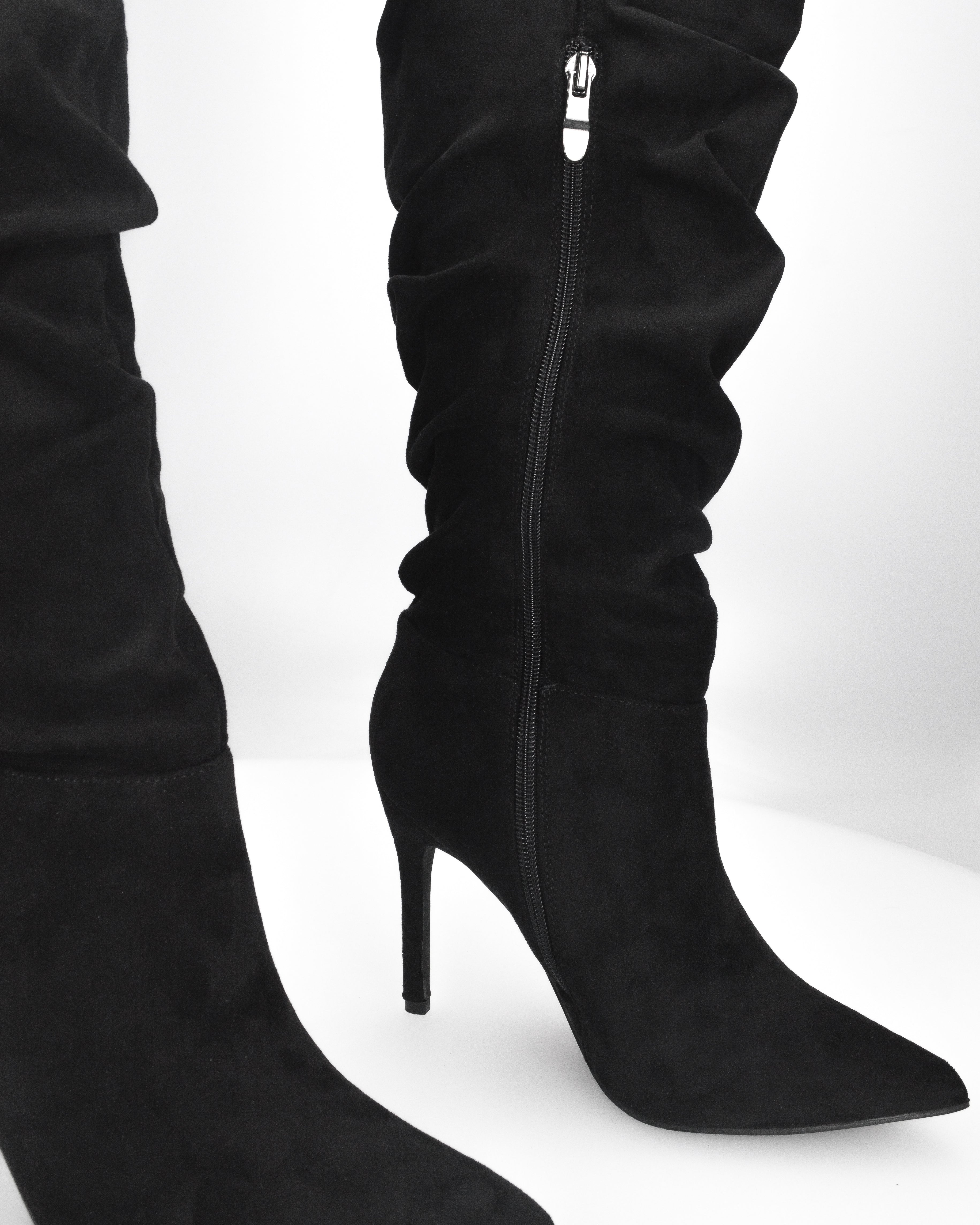 GEORGIA  - Sstivale alto in materiale scamosciato nero arricciato con tacco a spillo