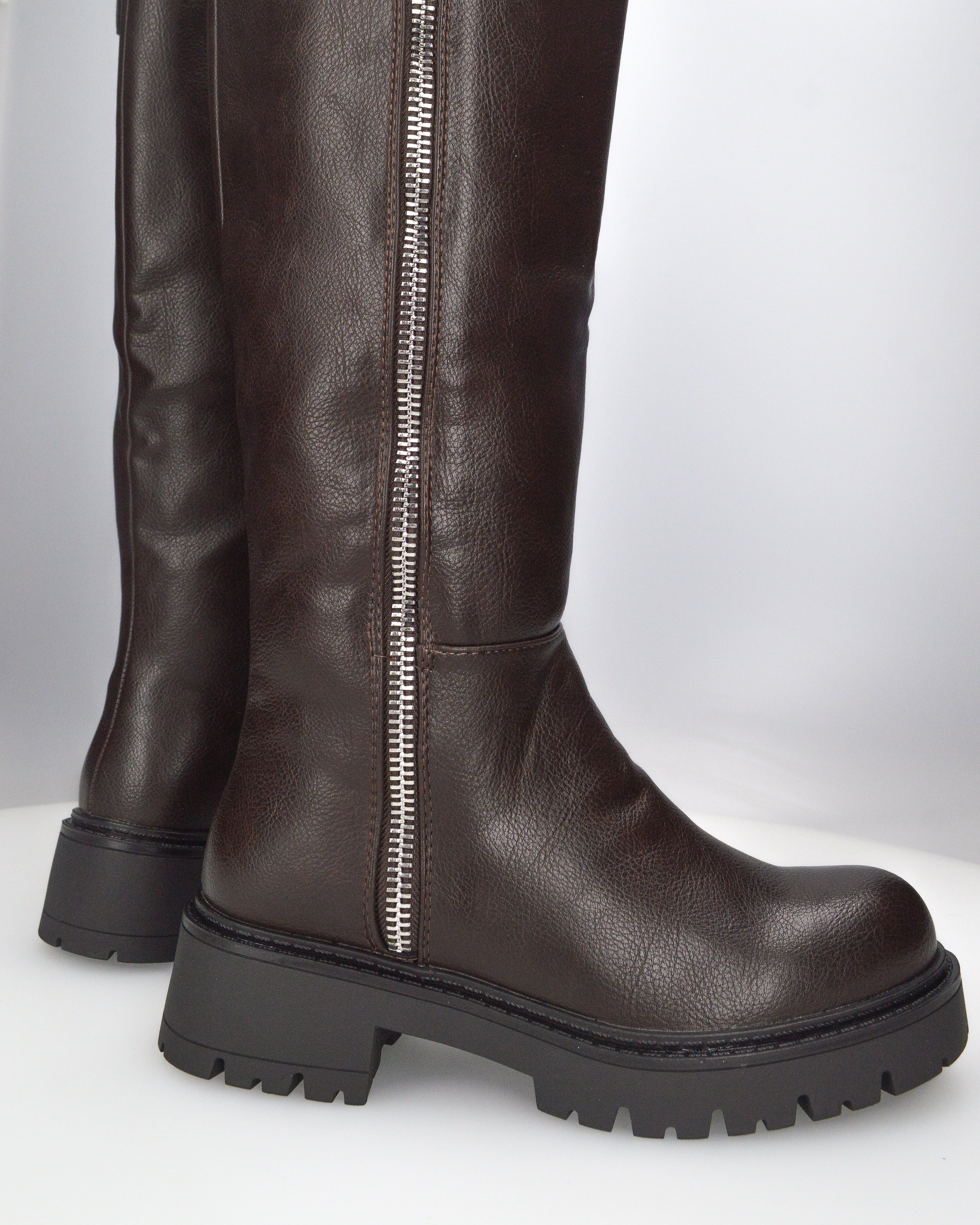 ALICE - stivale alto marrone stile anfibio con doppia zip e suola carrarmato