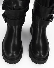 LEYA - stivale biker in ecopelle nera con cinturini e gambale con lembi a soffietto