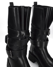 LEYA - stivale biker in ecopelle nera con cinturini e gambale con lembi a soffietto