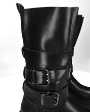 LEYA - stivale biker in ecopelle nera con cinturini e gambale con lembi a soffietto