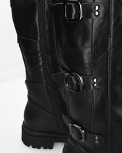 CINZIA - stivali alti neri biker style con fibbie e suola carrarmato