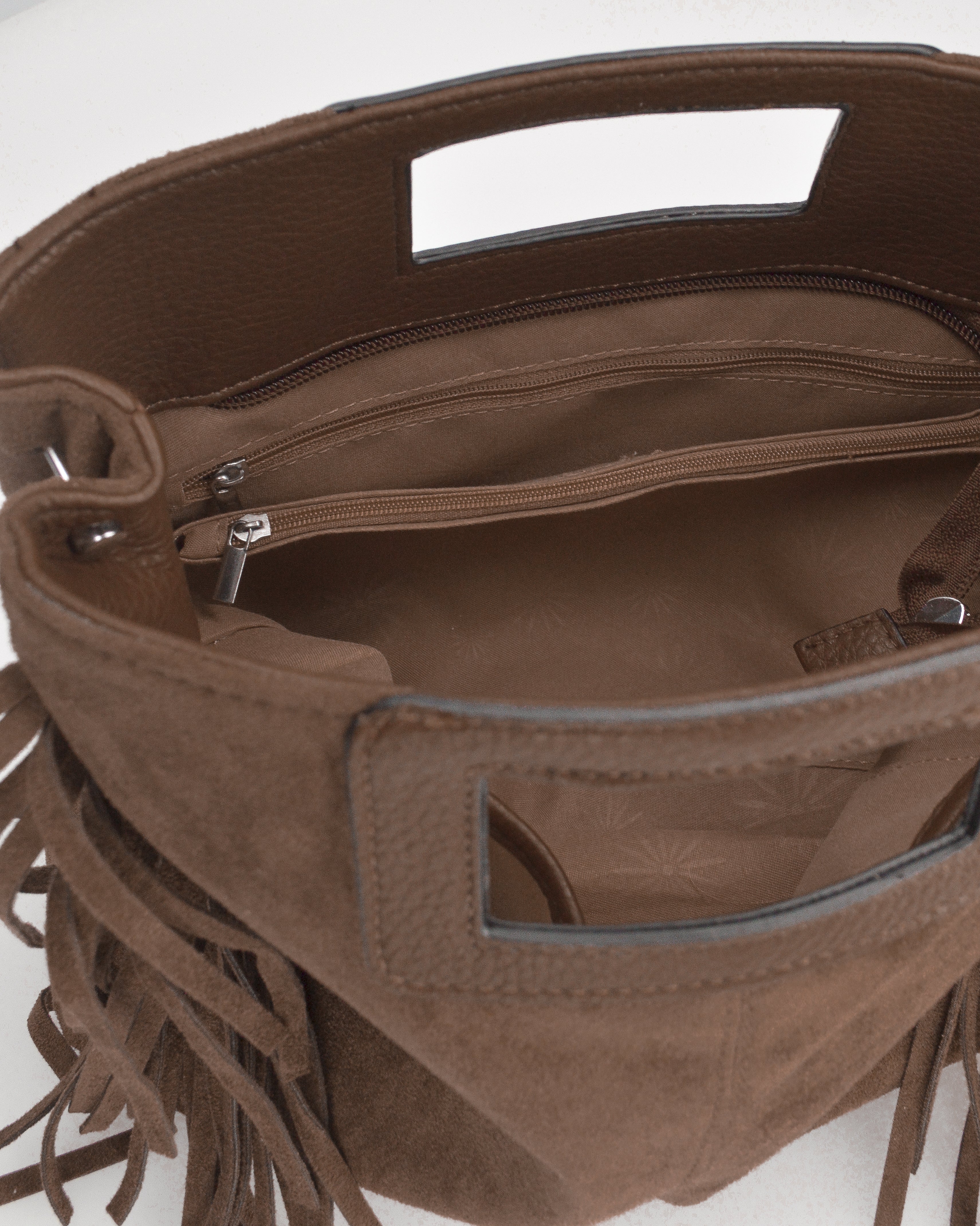 WILMA - borsa marrone squadrata con tracolla removibile e frange