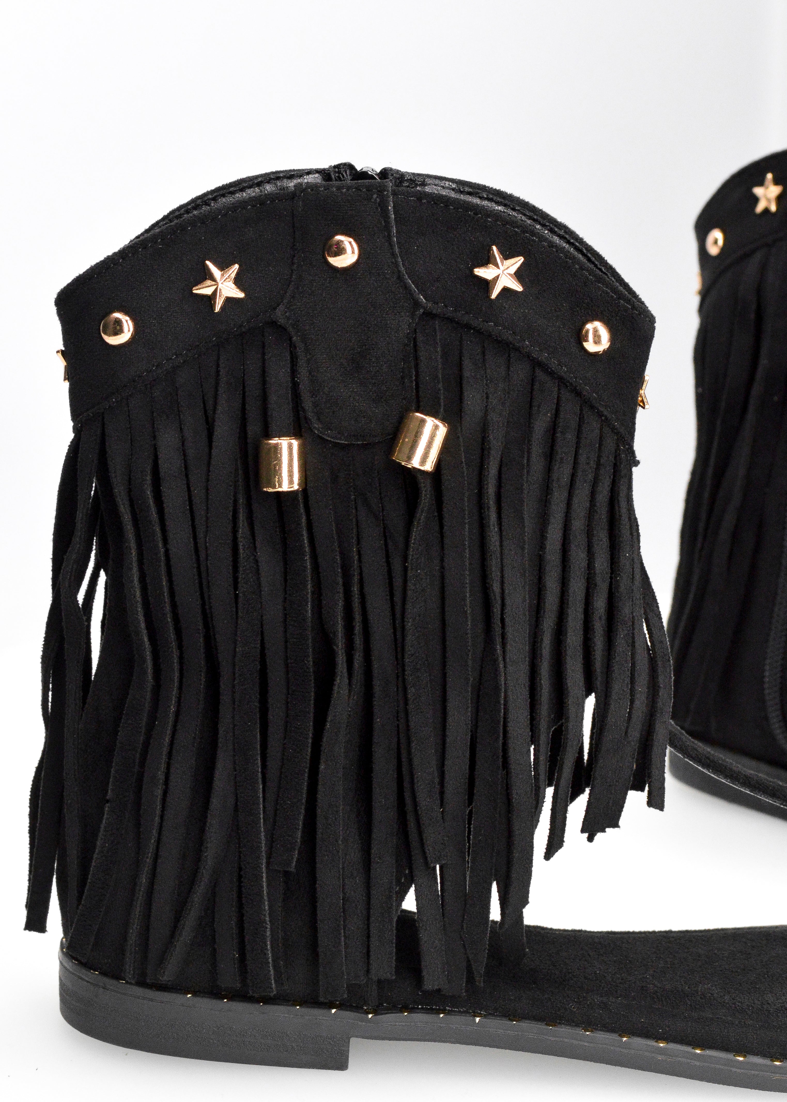 ALLEGRA - sandalo Boho-Chic, infradito in camoscio nero con frange e borchie a stella