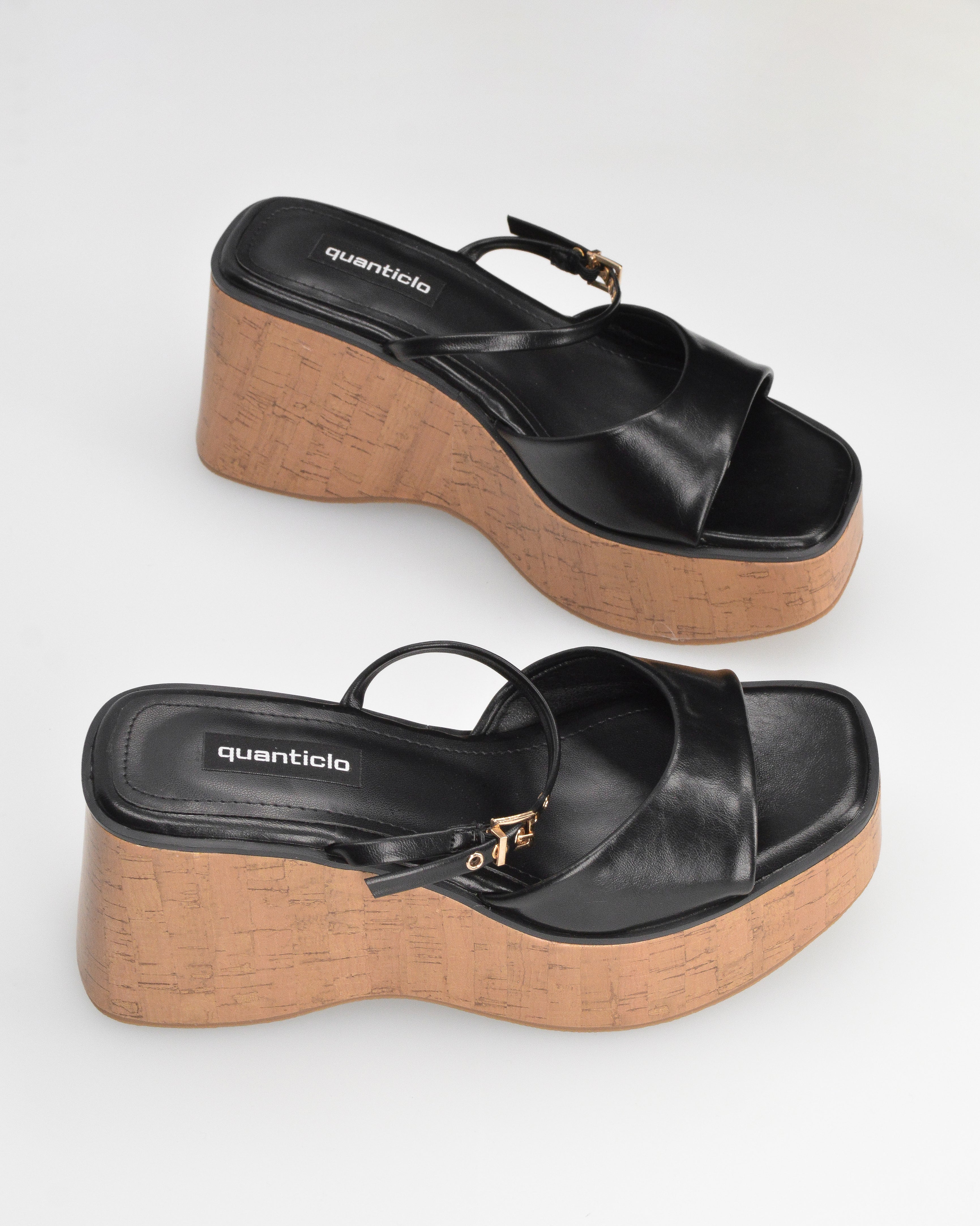 NAILA - sandali platform neri con suola effetto sughero e cinturino regolabile