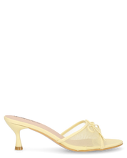 DZESIKA - sabot gialli in vernice e mesh con tacco kitten e fiocco