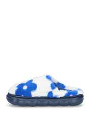 DAISY - pantofole platform in finta pelliccia con fiori decorativi blu