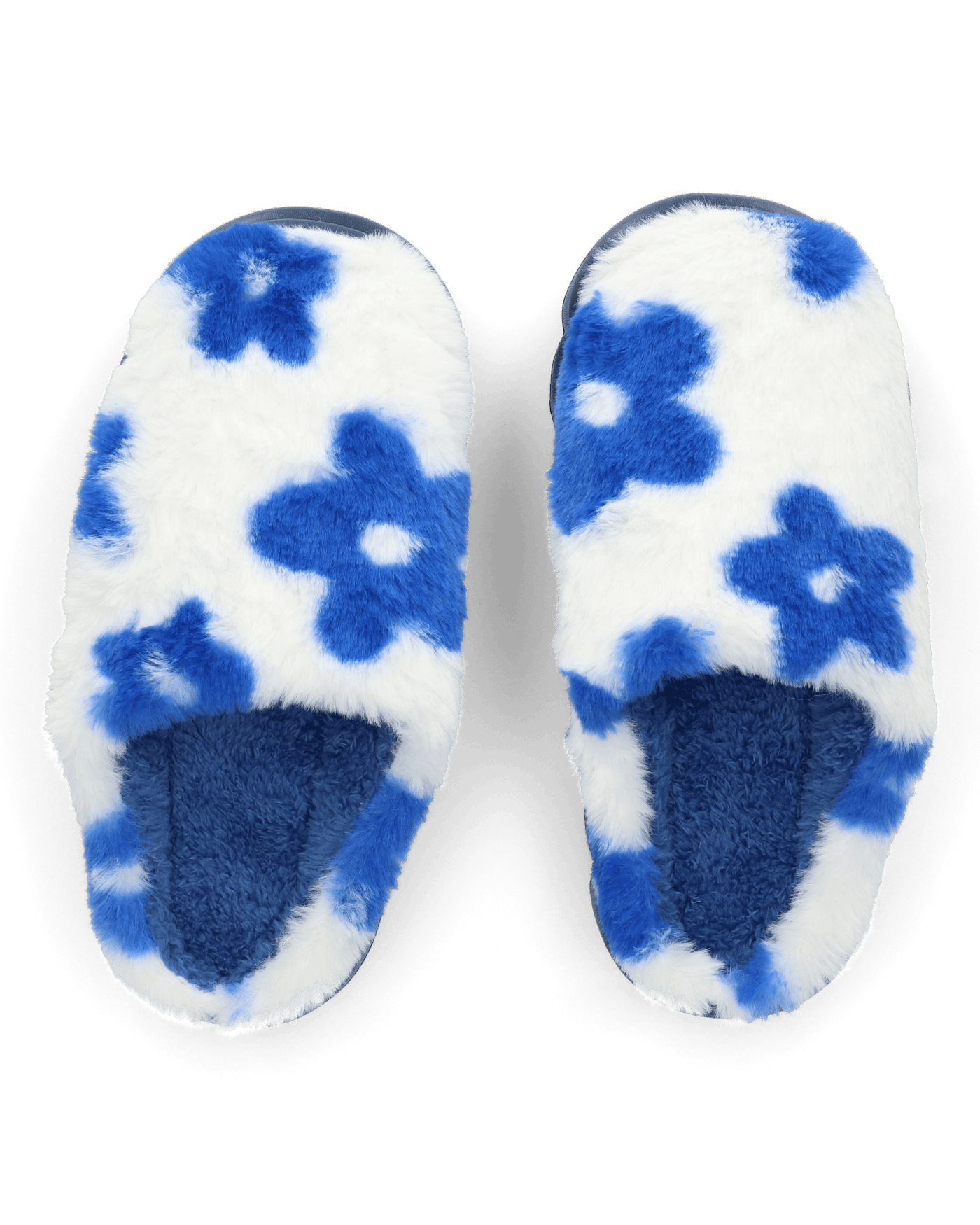 DAISY - pantofole platform in finta pelliccia con fiori decorativi blu