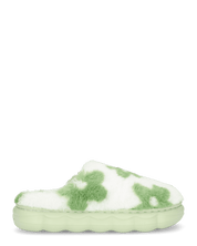 DAISY - pantofole platform in finta pelliccia con fiori decorativi verde