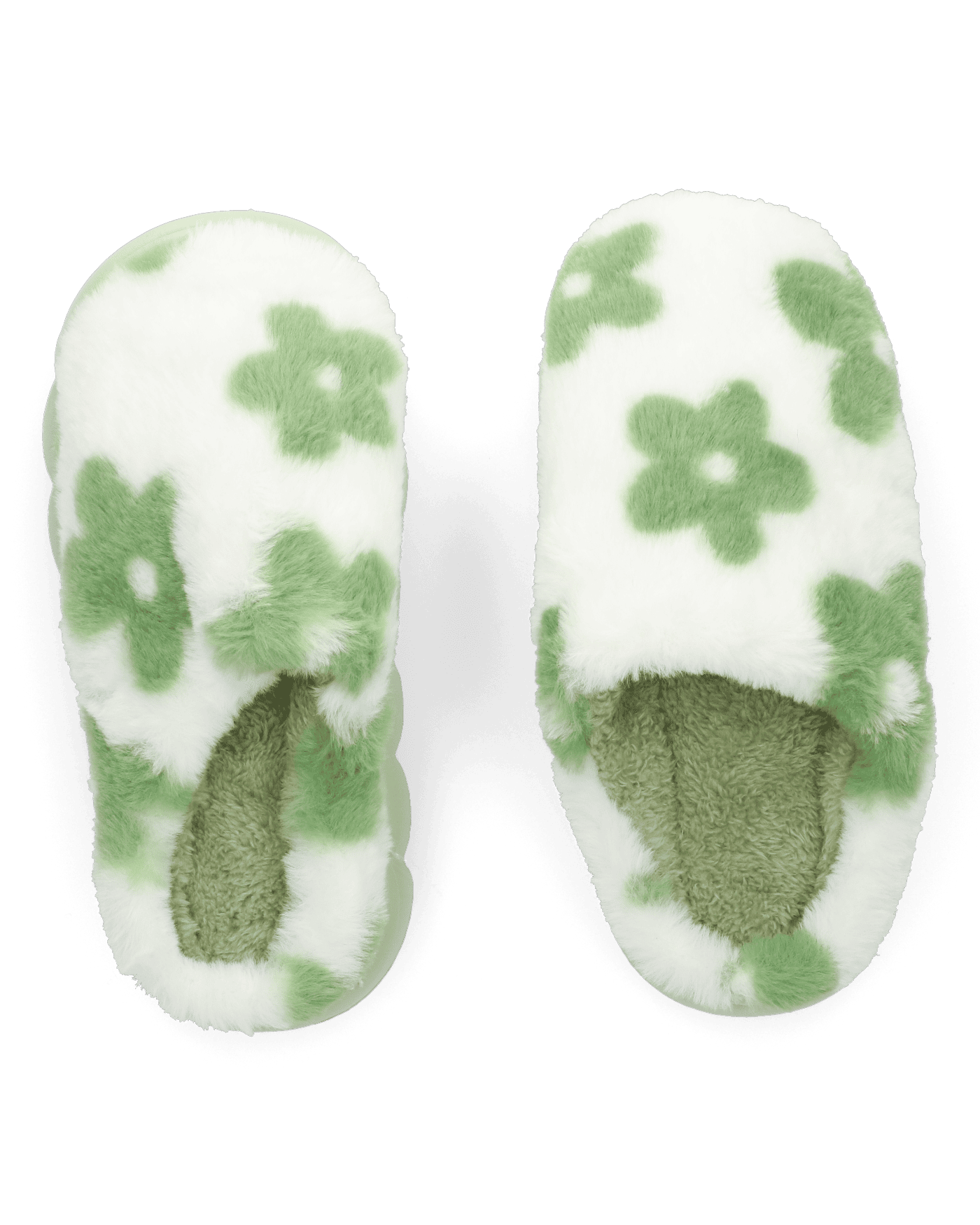 DAISY - pantofole platform in finta pelliccia con fiori decorativi verde
