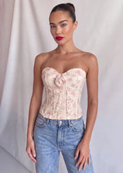 DALMA - top corpetto beige in pizzo floreale con applicazione fiore