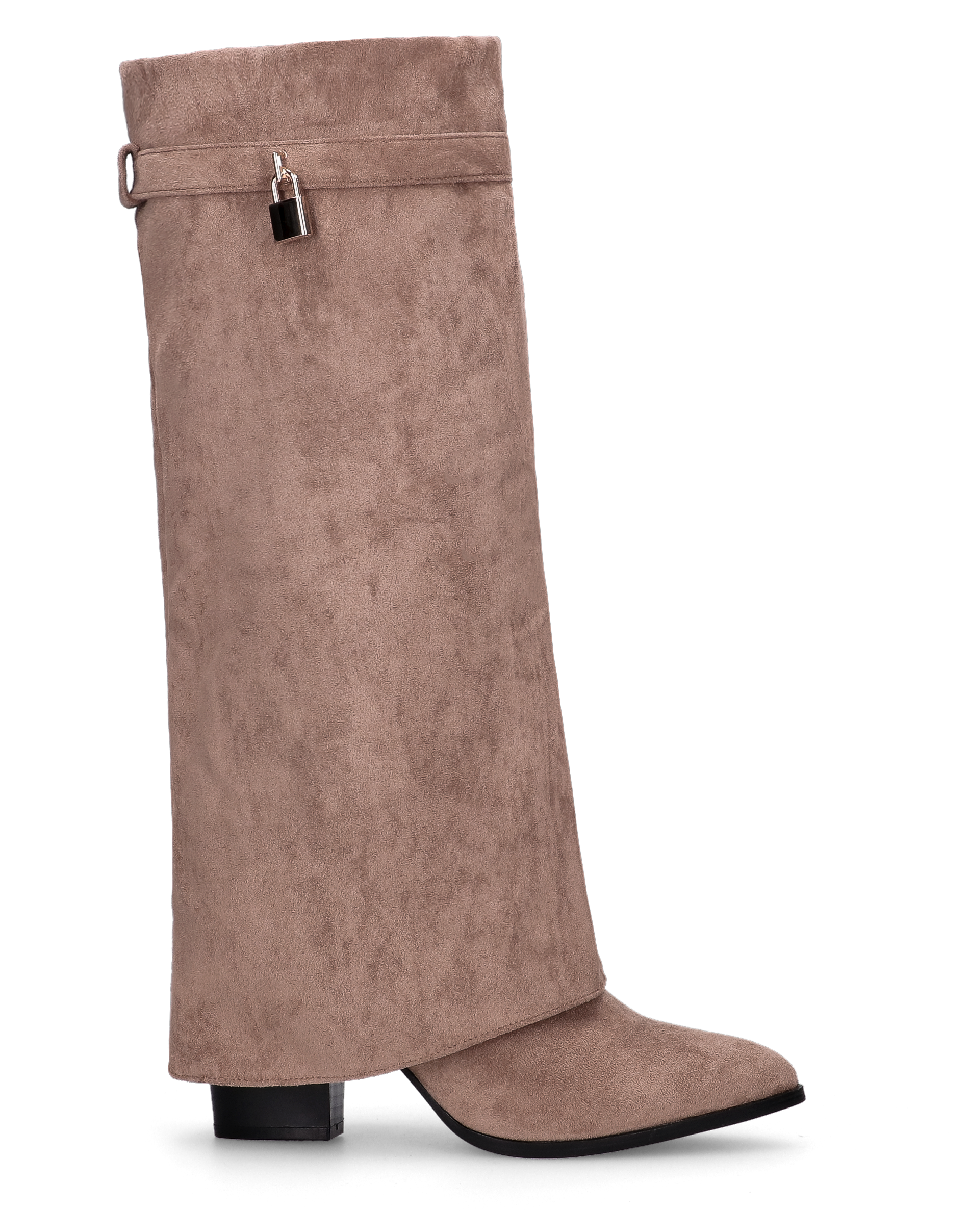 DHARA - stivale alto beige con risvolto e mini lucchetto oro