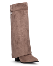 DHARA - stivale alto beige con risvolto e mini lucchetto oro