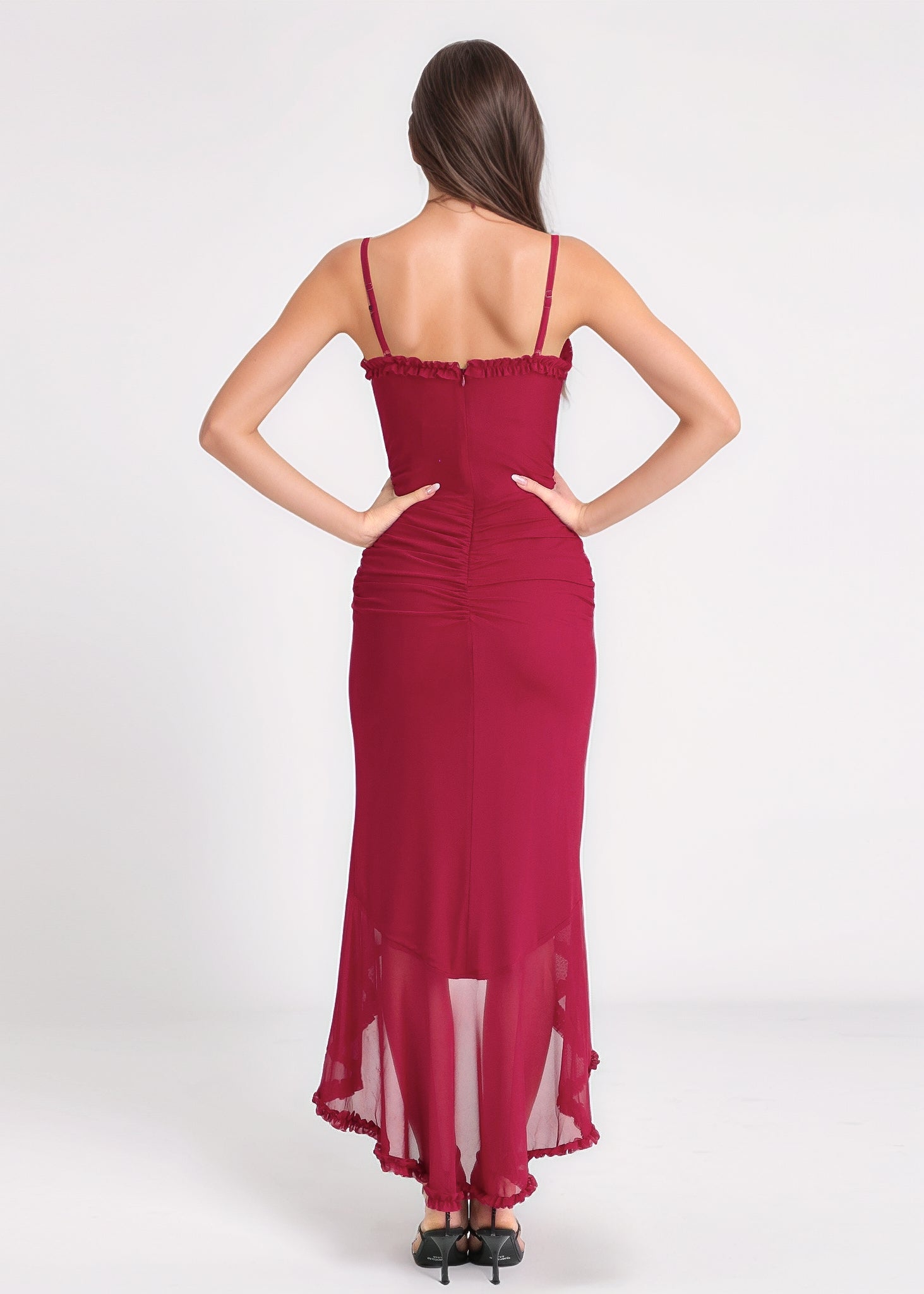 EMMANUELA - vestito bordeaux lungo con fondo asimmetrico e volant