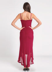 EMMANUELA - vestito bordeaux lungo con fondo asimmetrico e volant